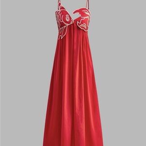 Commense Red Maxi Dress with White Fish Design